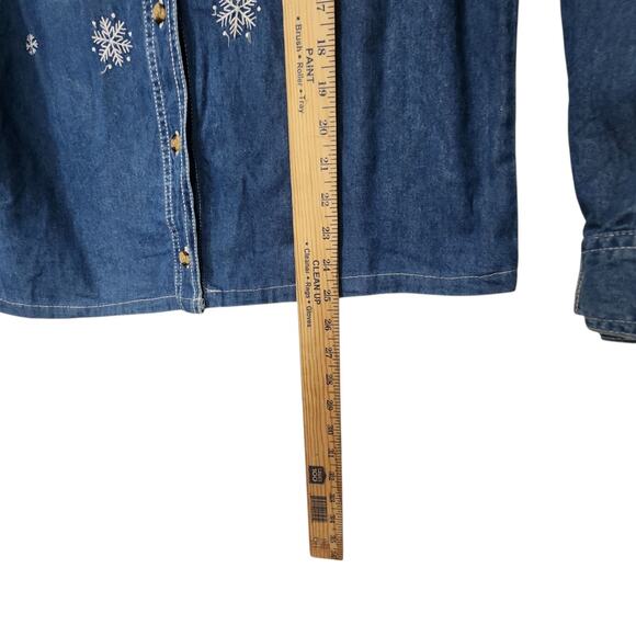 VTG 90S CHRISTMAS SHIRT DENIM EMBROIDERED SNOWMAN VELVET COLLAR GRANDMACORE SZ M - Picture 6 of 9